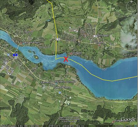 Die Fundstelle im Ausfluss des Bodensees in den Rhgein �stlich von Stein am Rhein. Satellitenbild: Google Earth