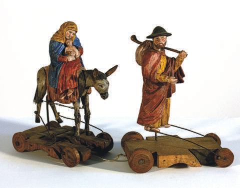 Flucht nach &Auml;gypten, mechanische Krippenfiguren aus Pribram um 1820.