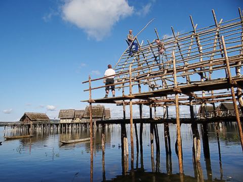 Aufbau des neuen Steinzeithauses im Pfahlbaumuseum Unteruhldingen