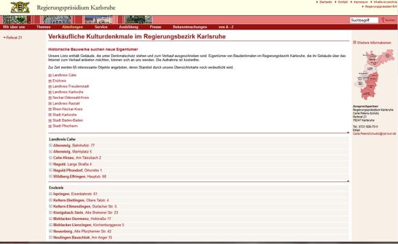 Webseite des Regierungspr&auml;sidiums Karlsruhe mit den dort zum Verkauf stehenden Baudenkmalen