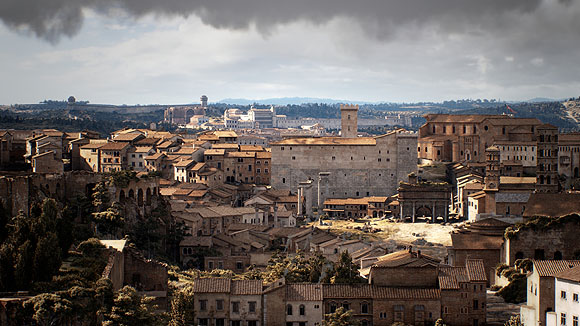 Ansicht des "Campo Vaccino", der Forum Romanum zur Zeit der Renaissance. In der Bildmitte der Bogen des Septimius Severus und das - zugemauerte - antike Tabularium, die Rückseite des Senatorenpalasts am Kapitol, rechts die Kirche S. Maria Aracoeli, im HIntergrund die Baustelle der Peterskirche. © Faber-Curtial