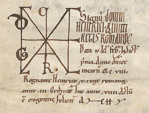 König Karl III. (der Dicke) bestätigt dem Kloster Reichenau die von Karl dem Großen und Ludwig dem Frommen verliehene Immunität samt Königsschutz und freier Abtswahl; ohne Ort, 878 Januar 13 (Ausschnitt)