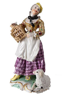 Porzellanfigur einer Schäferin mit Vogelkäfig