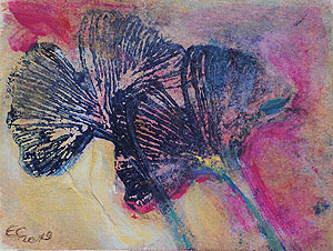 2 Gingkoblätter. Eva Clemens 2019, Büttenpapier, 14 x 19 cm. Foto: Eva Clemens