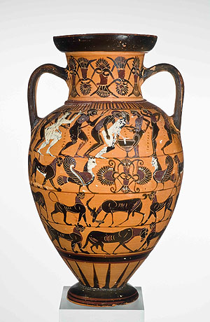 Das Symposion läuft aus dem Ruder. Attisch schwarzfigurige Amphore, Ton, 560–550 v. Chr. Staatliche Antikensammlungen München, Inv. SH 1432. © Staatliche Antikensammlungen und Glyptothek München, Renate Kühling