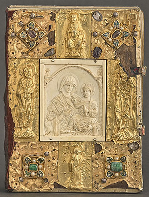 Bucheinband mit Elfenbeinschnitzerei, Gold und Edelsteinen