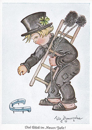 Neujahrsgruß mit Schornsteinfeger und Hufeisen als Glücksbringer