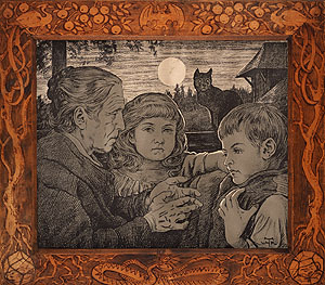 Hans Thoma: Die Märchenerzählerin. Eien ältere Frau erzählt zwei Kindern eine Geschichte. Die hören gespannt zu.